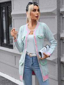 SHEIN Privé Cárdigan con patrón de cuadros con diseño de solapa con botón delantero - Multicolor - Ver 6