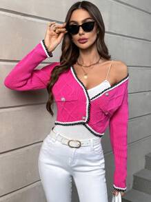 SHEIN Privé 拼接邊前紐扣短款開衫 - 玫紅色 - 查看 1