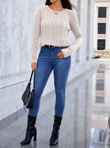 EURMUSE Cable Knit Raglan Sleeve Sweater - White - View 3