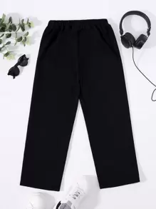 SHEIN Tween Boy Letter Graphic Contrast Tape Sweatpants - Black - View 2