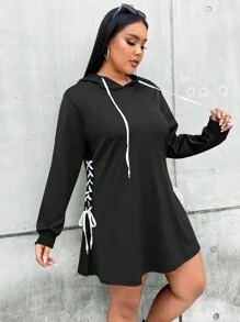Flirla Plus Lace Up Side Drawstring Hooded Sweatshirt Dress - Black - View 6