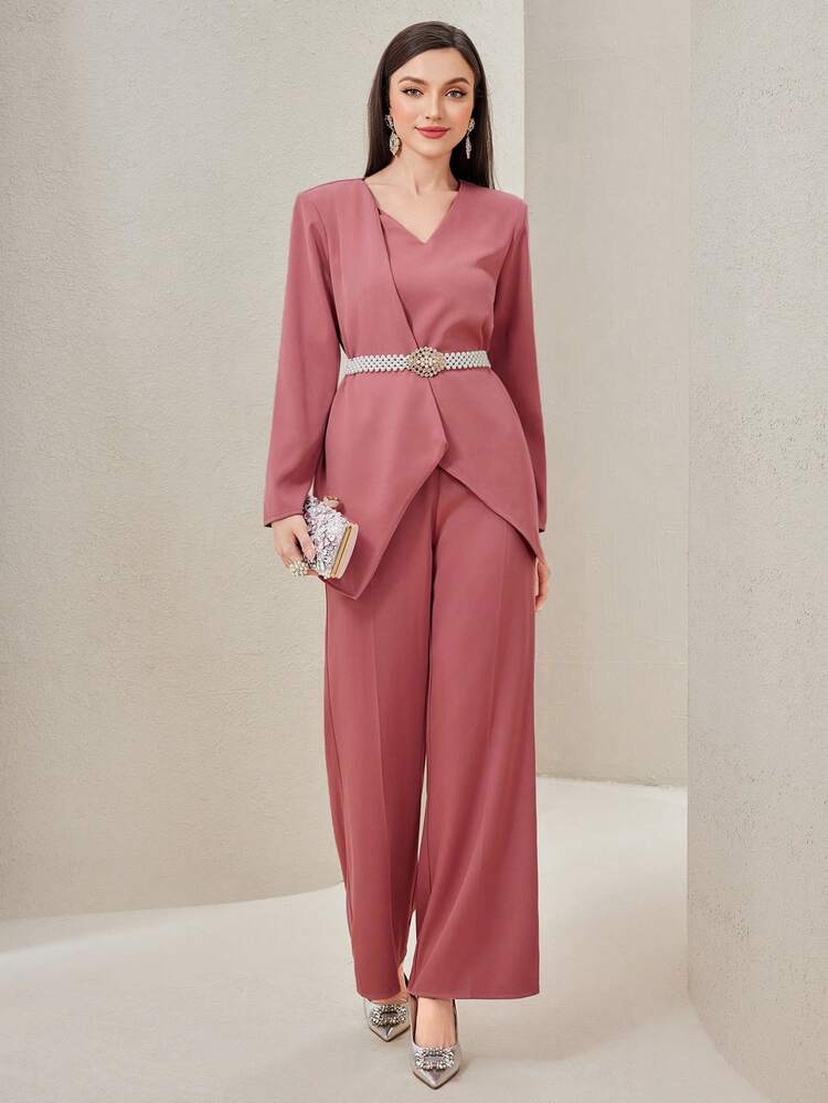 Solid Asymmetrical Hem Top & Wide Leg Pants Without Belt