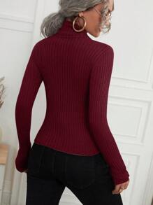 SHEIN LUNE Turtleneck Ribbed Knit Sweater,Long Sleeve Tops Knit Pullover Fall Winter Sweater - Burgundy - View 2
