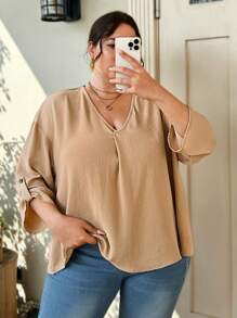 Calvaya Plus V-neck Roll Tab Sleeve Blouse - Apricot - View 4