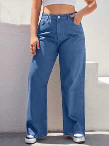 RueChic Plus High Waist Wide Leg Jeans - Blue - View 1
