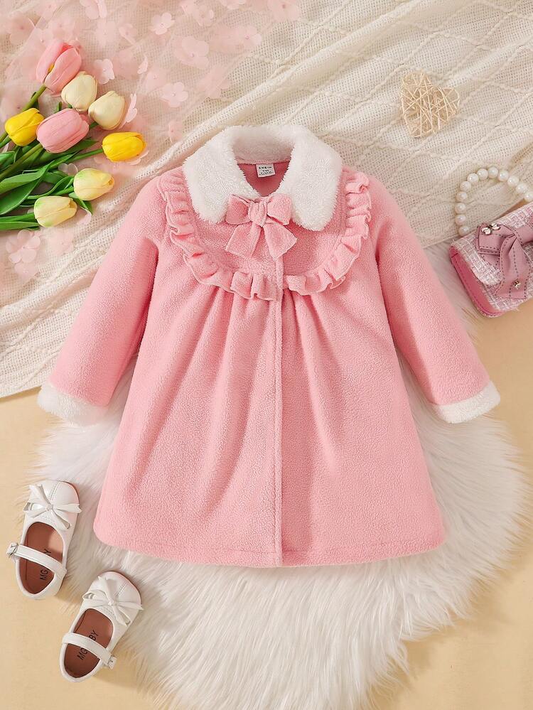 Baby Girl Borg Collar Ruffle Trim Bow Front Coat