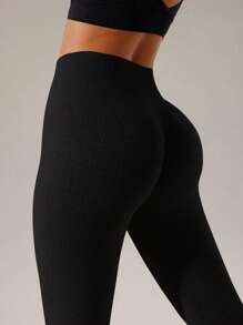 Easithlete Solid Tummy Control Sports Leggings - Black - View 3