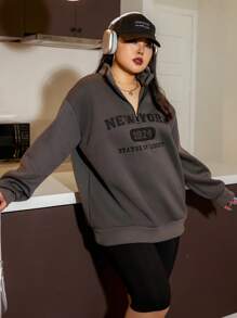 SHEIN EZwear Plus Letter Graphic Drop Shoulder Quarter Zip Sweatshirt - Dark Grey - View 1