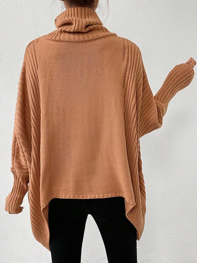 Turtleneck Batwing Sleeve Dual Pocket Asymmetrical Hem Knit Pullover Fall Winter Sweater