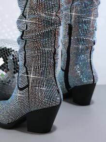 SHUZIA Glitter Rhinestone Decor Chunky Heeled Boots