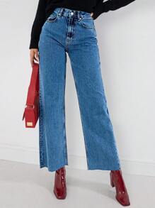 SHEIN Cottnline 毛邊闊腿牛仔褲 - 水鴨藍 - 查看 4