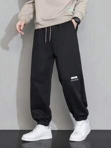 Men Letter Graphic Drawstring Waist Sweatpants - Black - View 3