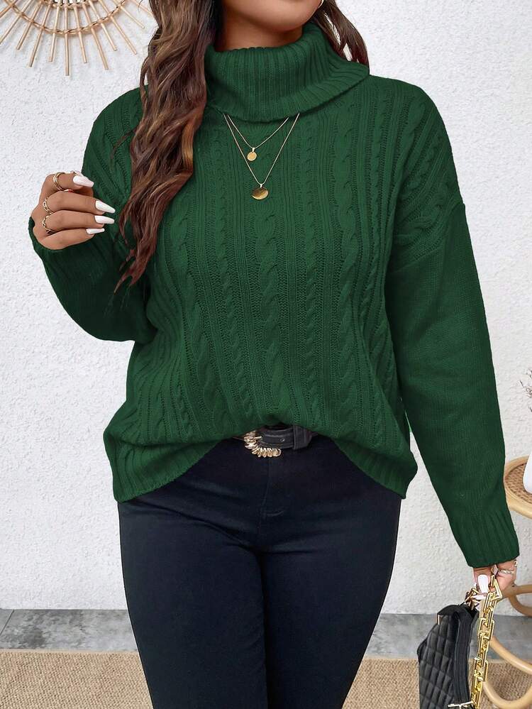 Plus Size Women Turtleneck Loose Cable Knit Pullover Sweater, Green, Daily Casual, Spring/Winter Knit Pullover Fall Sweater