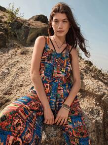 Bohemela Allover Print Wide Leg Overall Jumpsuit - Multicolor - View 1