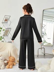 SHEIN Leap Crew Teen Girl Contrast Piping Satin PJ Set - Black - View 2