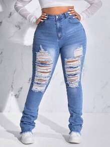 CovetEZ Plus Ripped Raw Hem Skinny Jeans - Light Wash - View 3