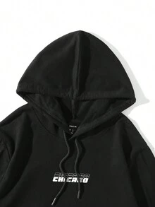 Manfinity EMRG 男士大码標語圖案落肩袖抽繩連帽衫 - 黑色 - 查看 4