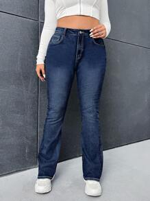 SHEIN Essnce Plus Flap Pocket Flare Leg Jeans - Dark Wash - View 6