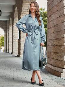 SHEIN Clasi Split Side Belted Shirt Dress - Dusty Blue - View 3