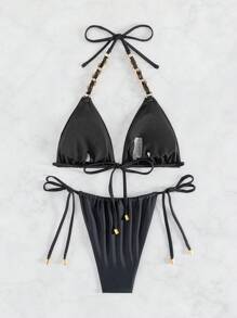 SHEIN Swim Ladies Detachable Neck Halter Bikini Set Summer - Black - View 3