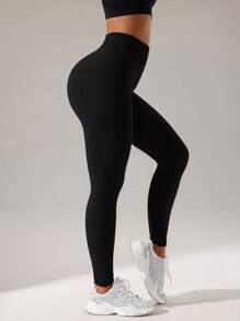 Easithlete Solid Tummy Control Sports Leggings - Black - View 4