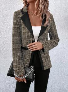 SHEIN Clasi Hoa văn kẻ sọc Viền tương phản Cổ áo Nút đơn Tweed Áo vest - Nhiều màu - Xem 1