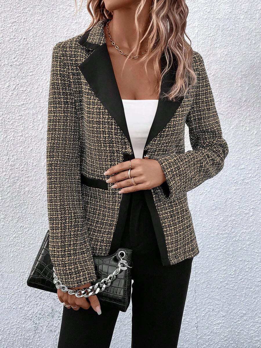 SHEIN Clasi Hoa văn kẻ sọc Viền tương phản Cổ áo Nút đơn Tweed Áo vest - Nhiều màu - Xem 1