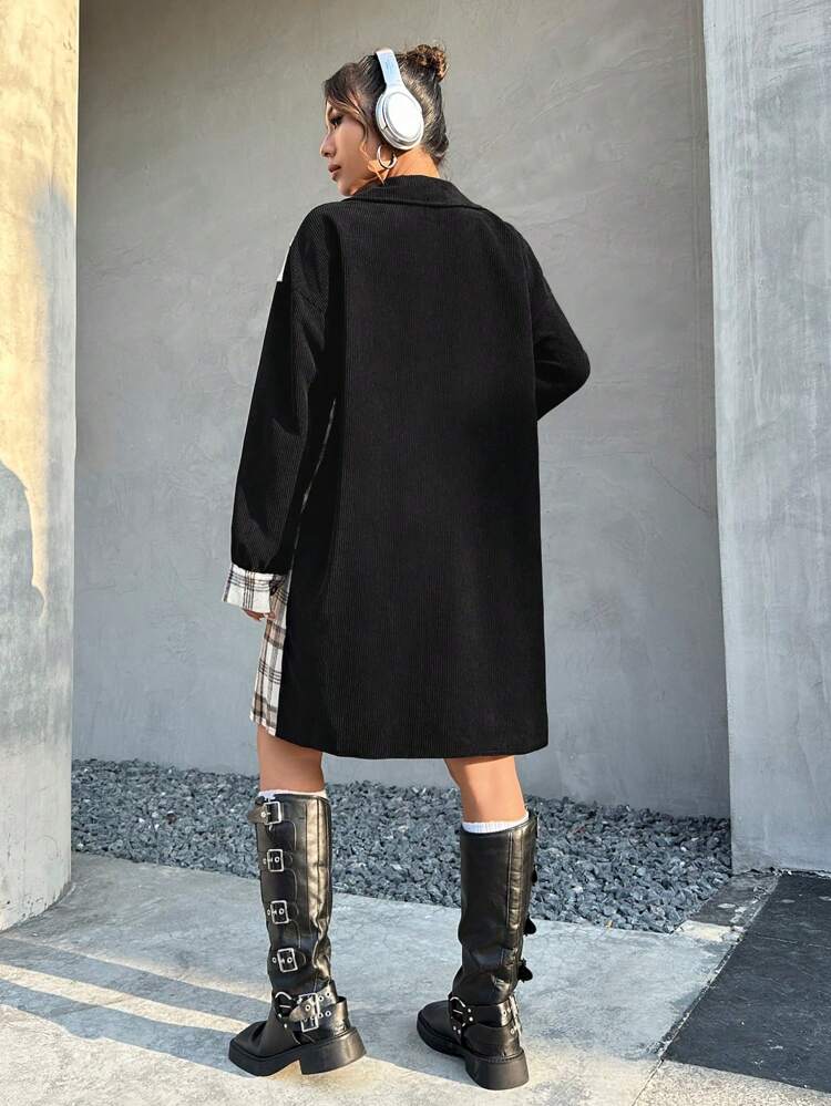 Colorblock Plaid Print Drop Shoulder Flap Pocket Button Front Coat