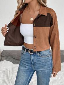 SHEIN Essnce Khối màu Thả vai Áo Jacket Crop - màu nâu - Xem 4