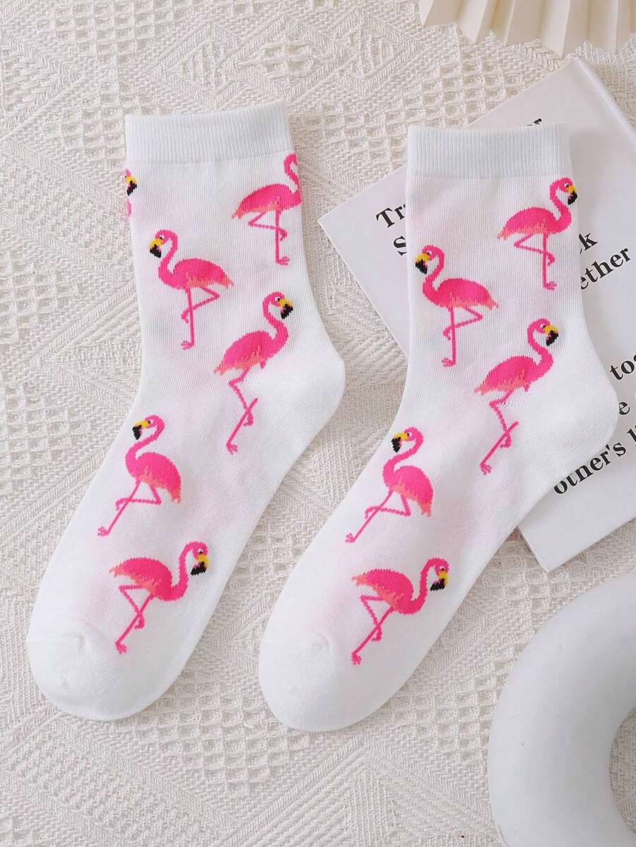 Flamingo Jacquard Casual Mid-calf Socks - Pink - View 1