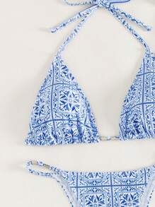 SHEIN Swim 夏季海灘花卉印花掛脖三角比基尼套裝配沙灘裙 - 藍白色 - 查看 7