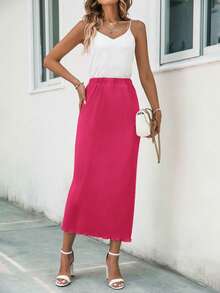 SHEIN Clasi Solid Elastic Waist Straight Skirt - Hot Pink - View 3