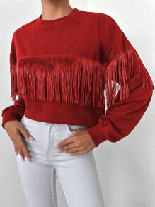 EURMUSE Drop Shoulder Fringe Trim Sweatshirt - Red - View 1