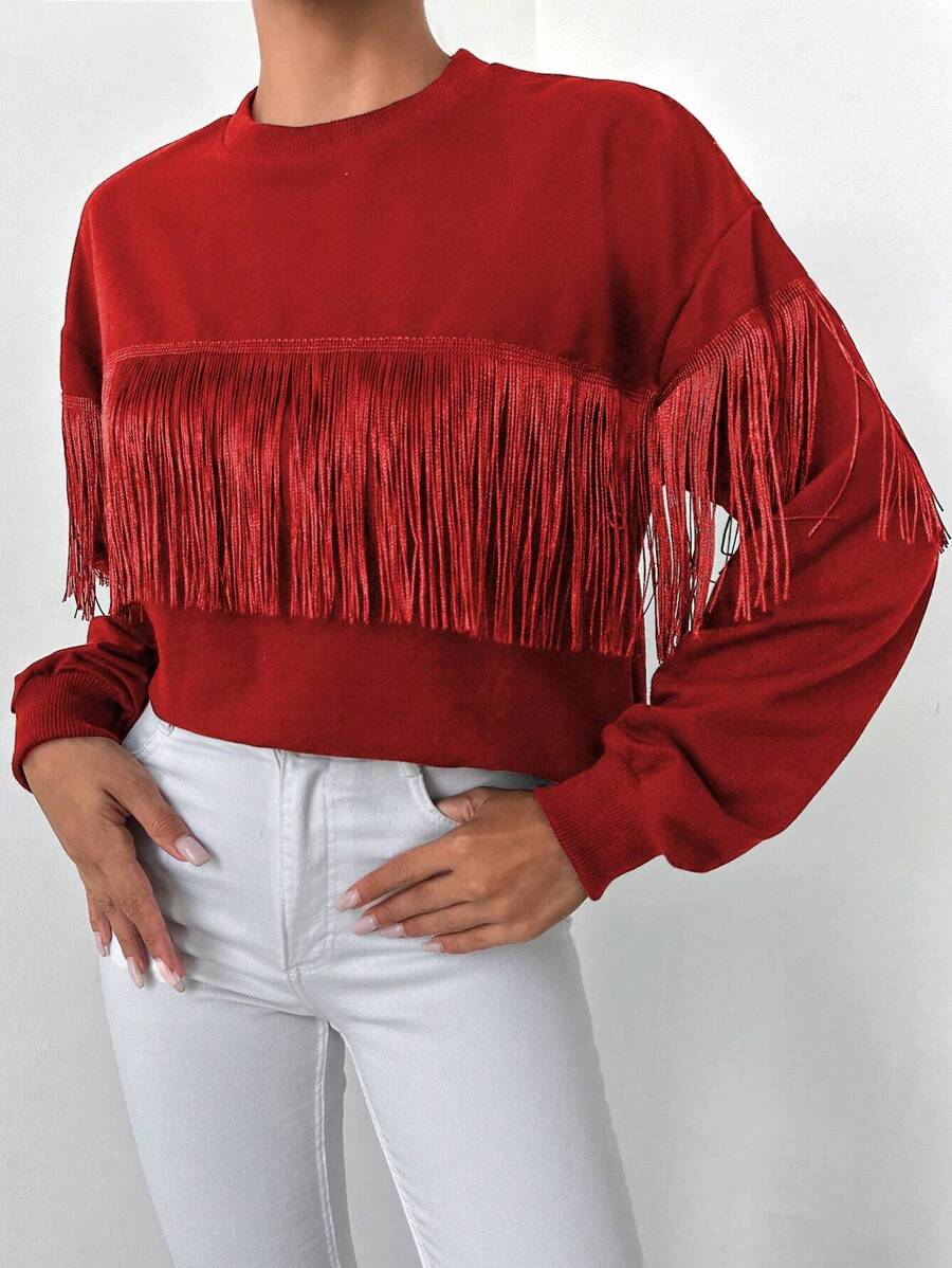EURMUSE Drop Shoulder Fringe Trim Sweatshirt - Red - View 1