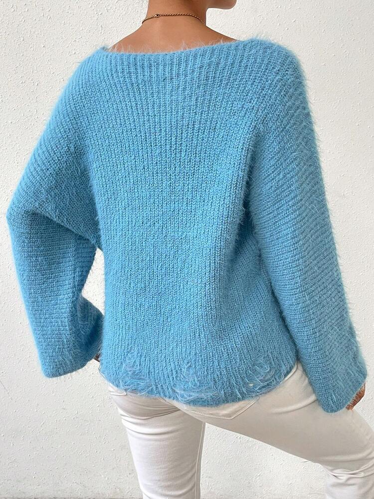 Patched Detail Drop Shoulder Fluffy Knit Pullover Fall Winter Sweater