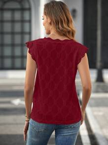 SHEIN Clasi Contrast Scallop Lace Trim Cap Sleeve Eyelet Embroidery Tee - Burgundy - View 2