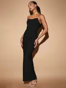 SHEIN BAE Solid Ruched Split Thigh Bodycon Dress - Black - View 4