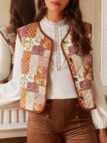 SHEIN Frenchy 秋冬拼布印花撞色绑带背心棉服外套 - 彩色 - 查看 1