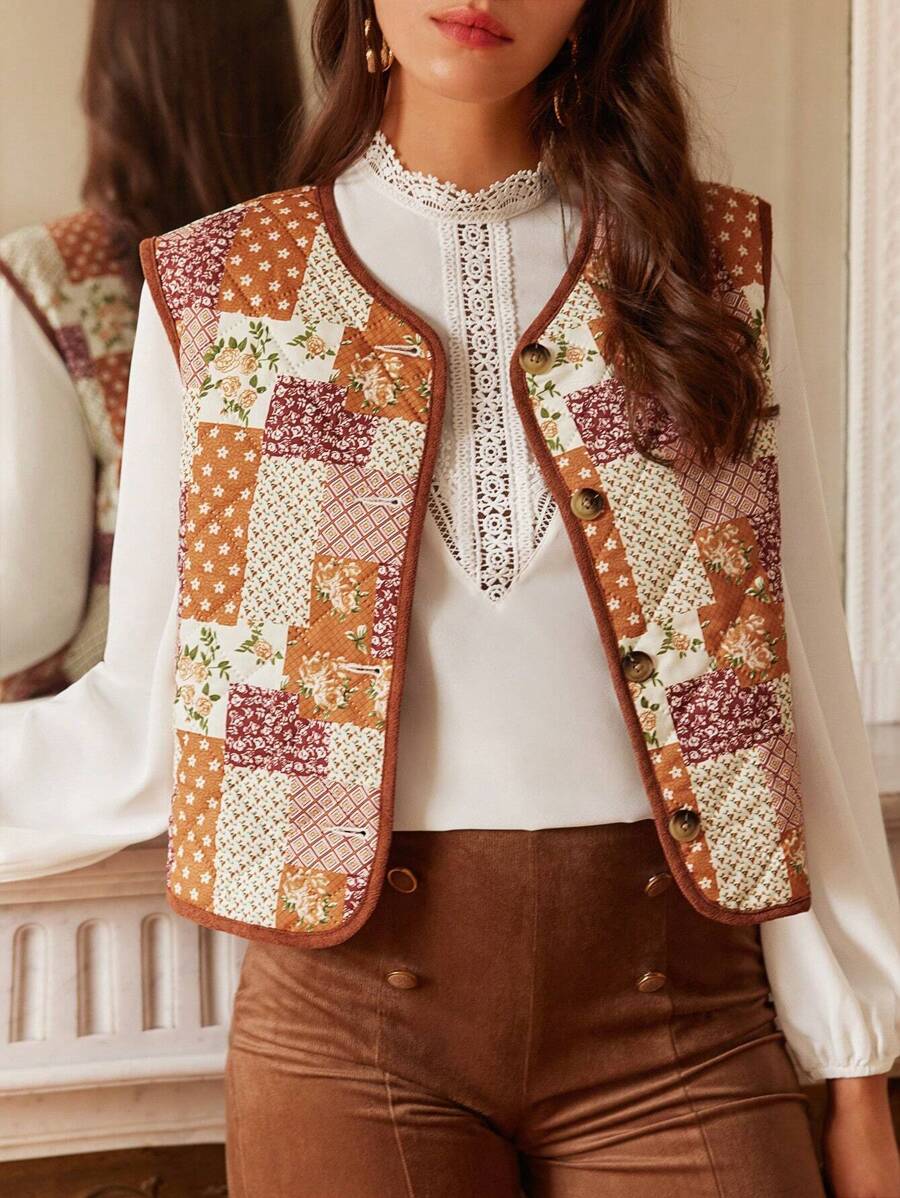 SHEIN Frenchy 秋冬拼布印花撞色绑带背心棉服外套 - 彩色 - 查看 1