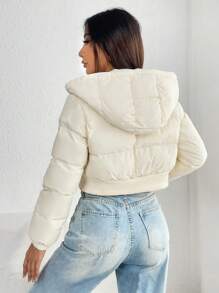 SHEIN PETITE Casual Solid Color Hooded Cropped Winter Jacket - Beige - View 2