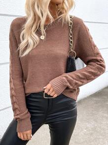 SHEIN LUNE Solid Cable Knit Sweater Knit Pullover Fall Winter Outfit - Coffee Brown - View 4