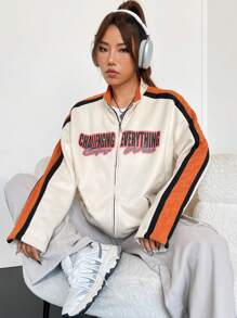 SHEIN EZwear 字母圖案拼接側邊接縫落肩袖拉鏈開襟夾克 - 白色 - 查看 5