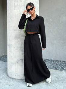 SHEIN EZwear 女士純色西裝外套和裙子套裝 - 黑色 - 查看 5