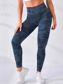 SHEIN Running 無縫高彈迷彩運動打底褲 - 藏蓝色 - 查看 4