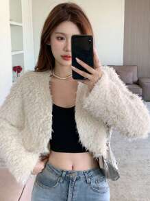 Dazy Star 純色開襟短款泰迪外套 - 白色 - 查看 6