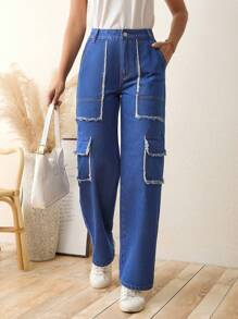 SHEIN LUNE Flap Pocket Side Cargo Jeans - Dark Wash - View 6