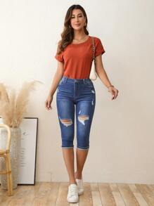 بنطلون جينز نحيل خصر عالي ممزق حافة خام كابري - أزرق داكن - مشاهدة 5