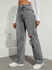 SHEIN Rách Quần legging thẳng - Xám - Xem 3