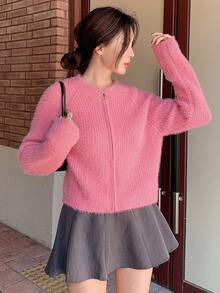 DAZY Chất rắn Tay Raglan Đan mềm mại Áo len Mở - Màu Hồng Tươi - Xem 6