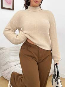 SHEIN Unity Plus Size High Neck Sweater With Letter Patchwork And Dropped Shoulders - Khaki - View 6